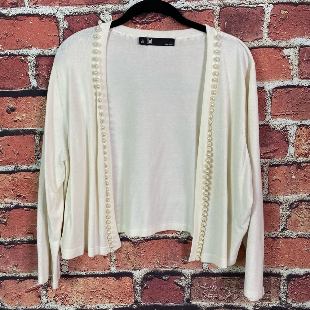Coquette Pearl Trim Cream Cardigan Sweater Open Front Leslie Fay XL